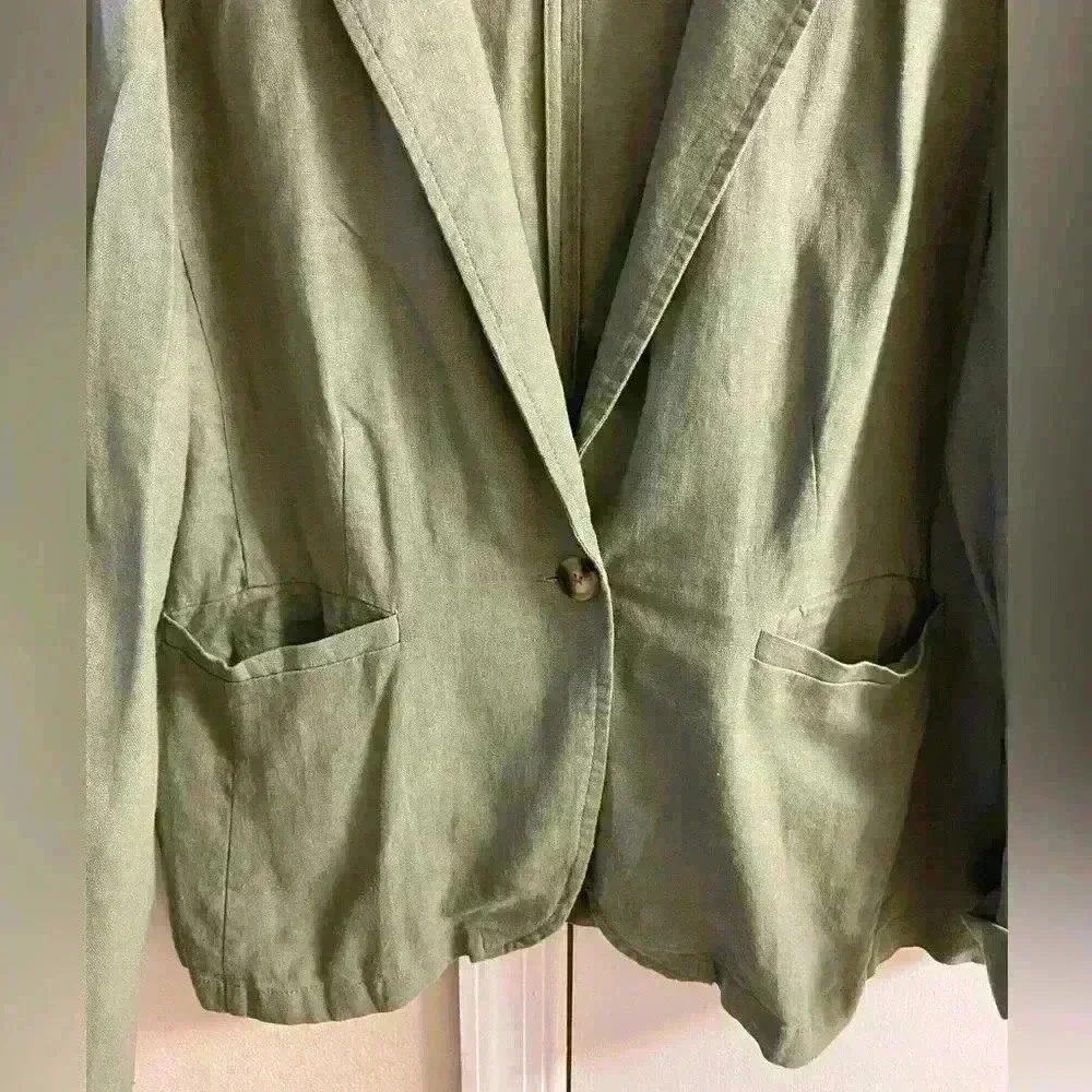 ModCloth‎ Anthropologie blazer olive green linen blend button front Large - Picture 2 of 7